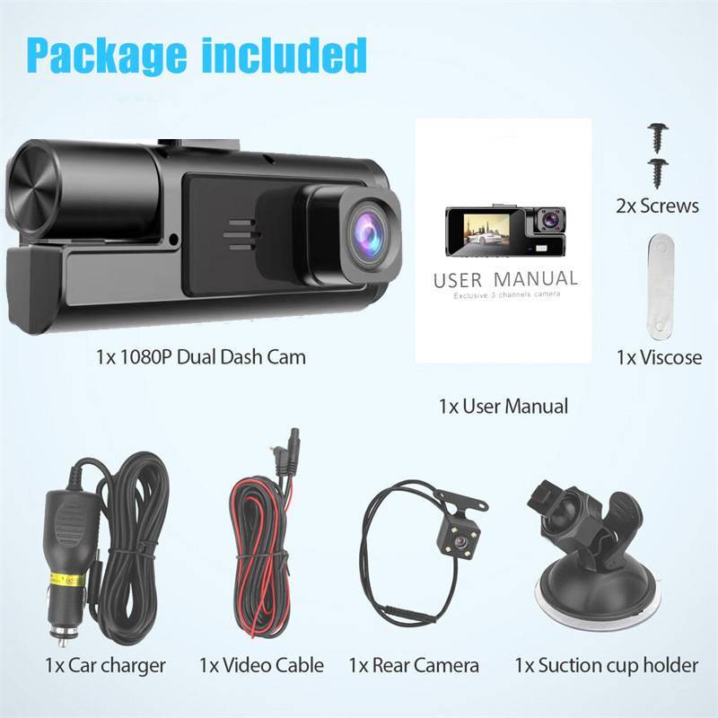 Dash Cam Car HD 1080P Front Rear Inside Dual Lens Video Recorder Camera G-Sensor